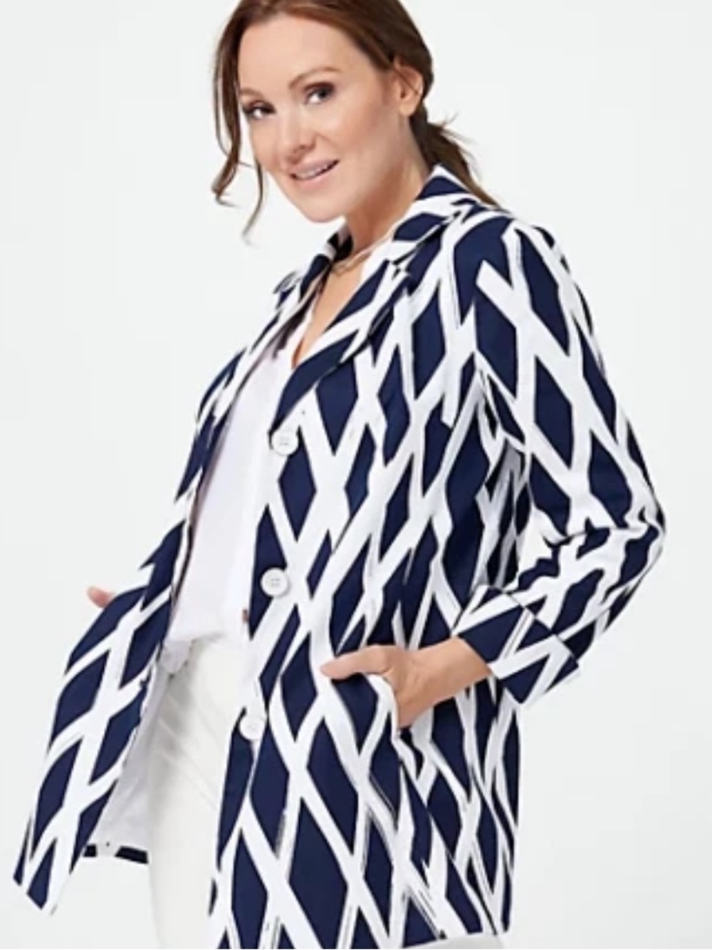 Dennis Basso Size 14 Blazer Navy White Geometric Print Statement Jacket Preppy